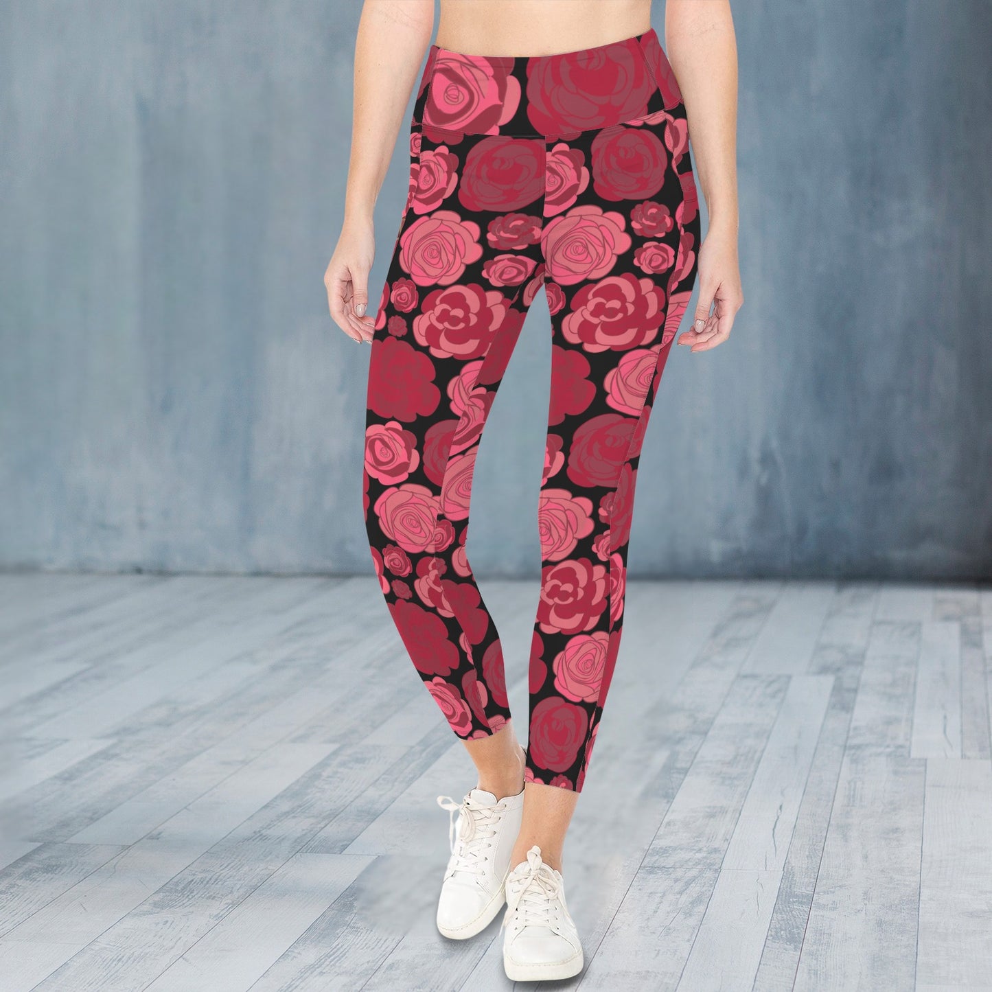 "Repent & Believe" Red Rose Women's High Waist Pockets Yoga Leggings