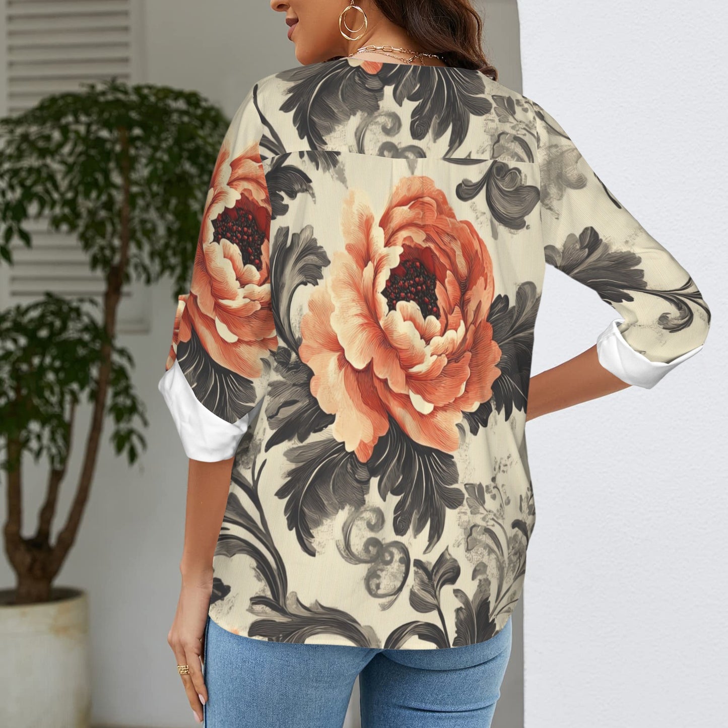 "Repent & Believe" Orange Gray Floral Women's V-Neck Cuffed Sleeve Blouse Tops