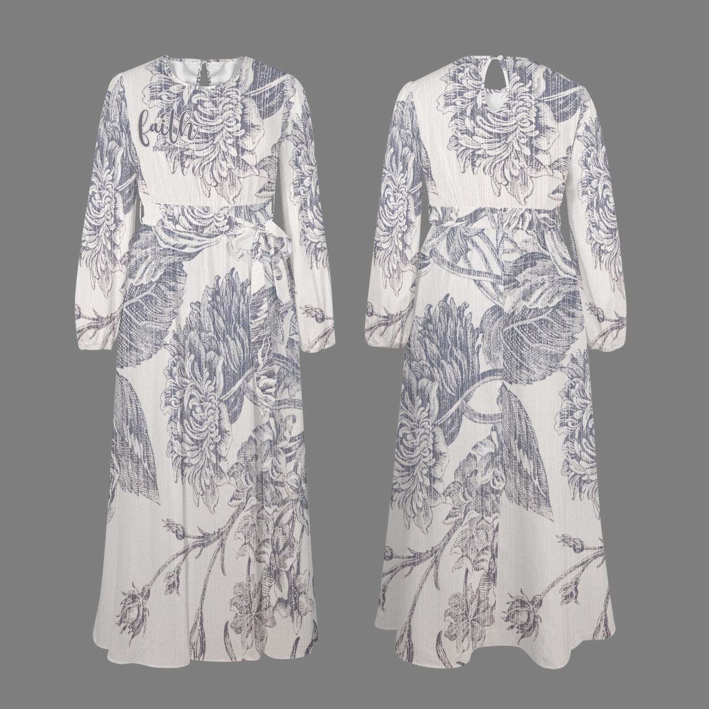 "Faith Ephesians 2:8" Faux Texture Floral Round Neck Long Sleeve Belted Maxi Dress