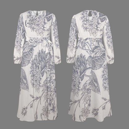 "Faith Ephesians 2:8" Faux Texture Floral Round Neck Long Sleeve Belted Maxi Dress