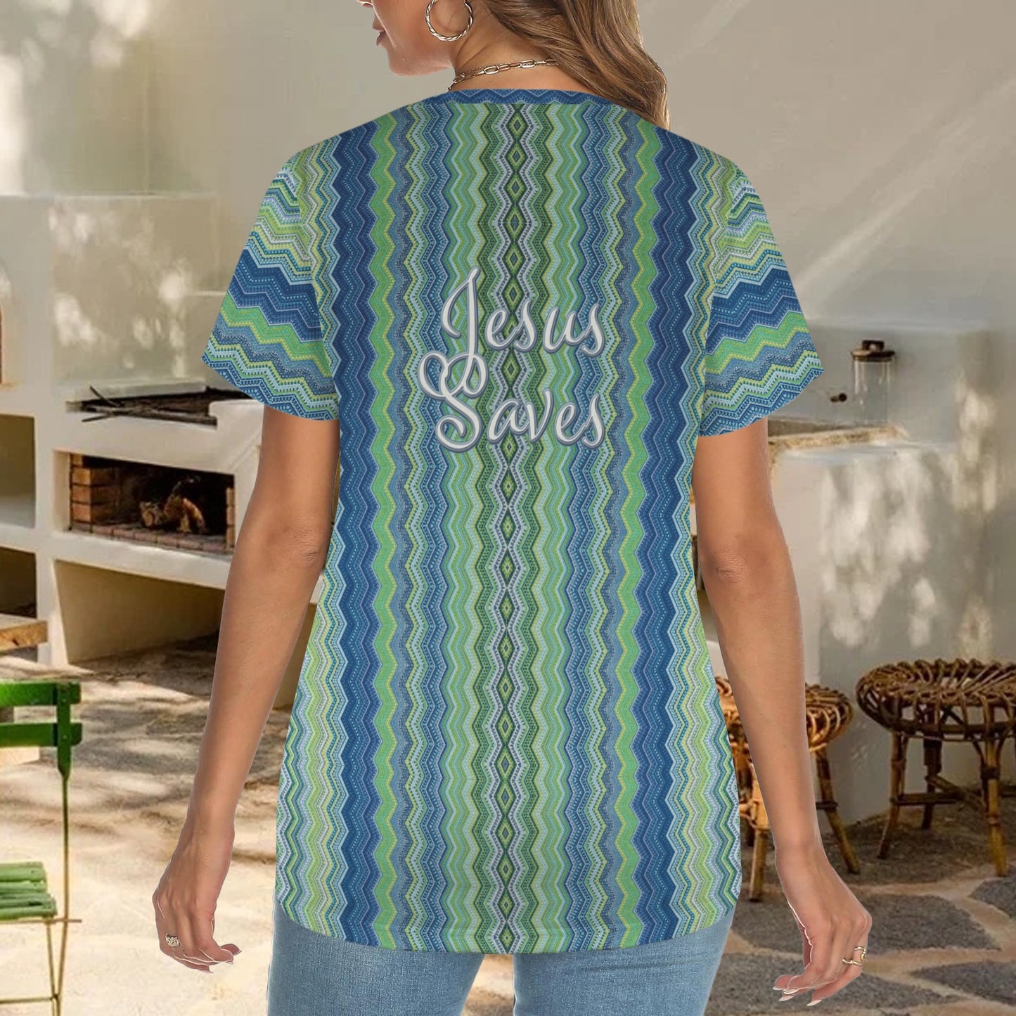 "Jesus Saves" BlueZigzag Women's Crewneck Short Sleeve T Shirt
