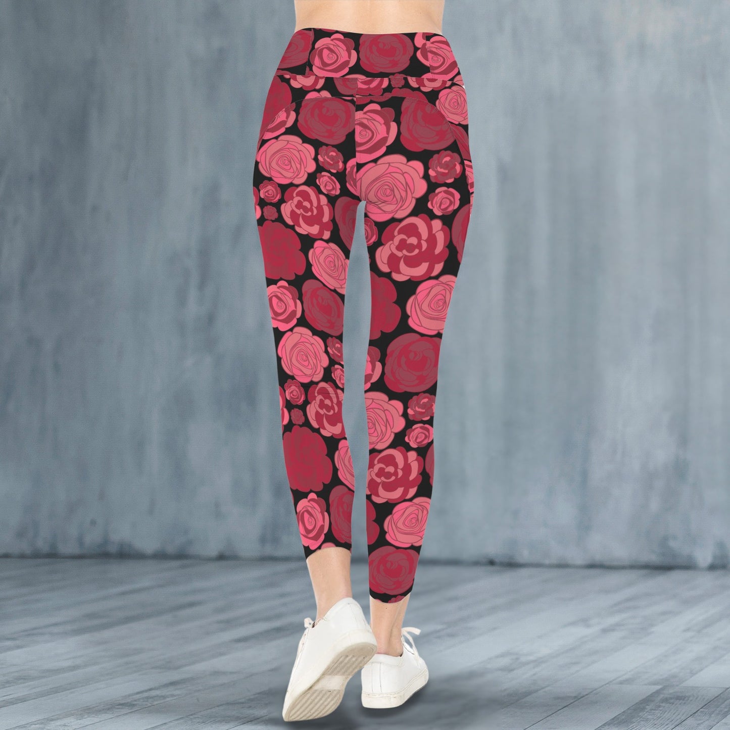 "Repent & Believe" Red Rose Women's High Waist Pockets Yoga Leggings