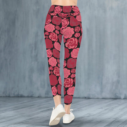 "Repent & Believe" Red Rose Women's High Waist Pockets Yoga Leggings