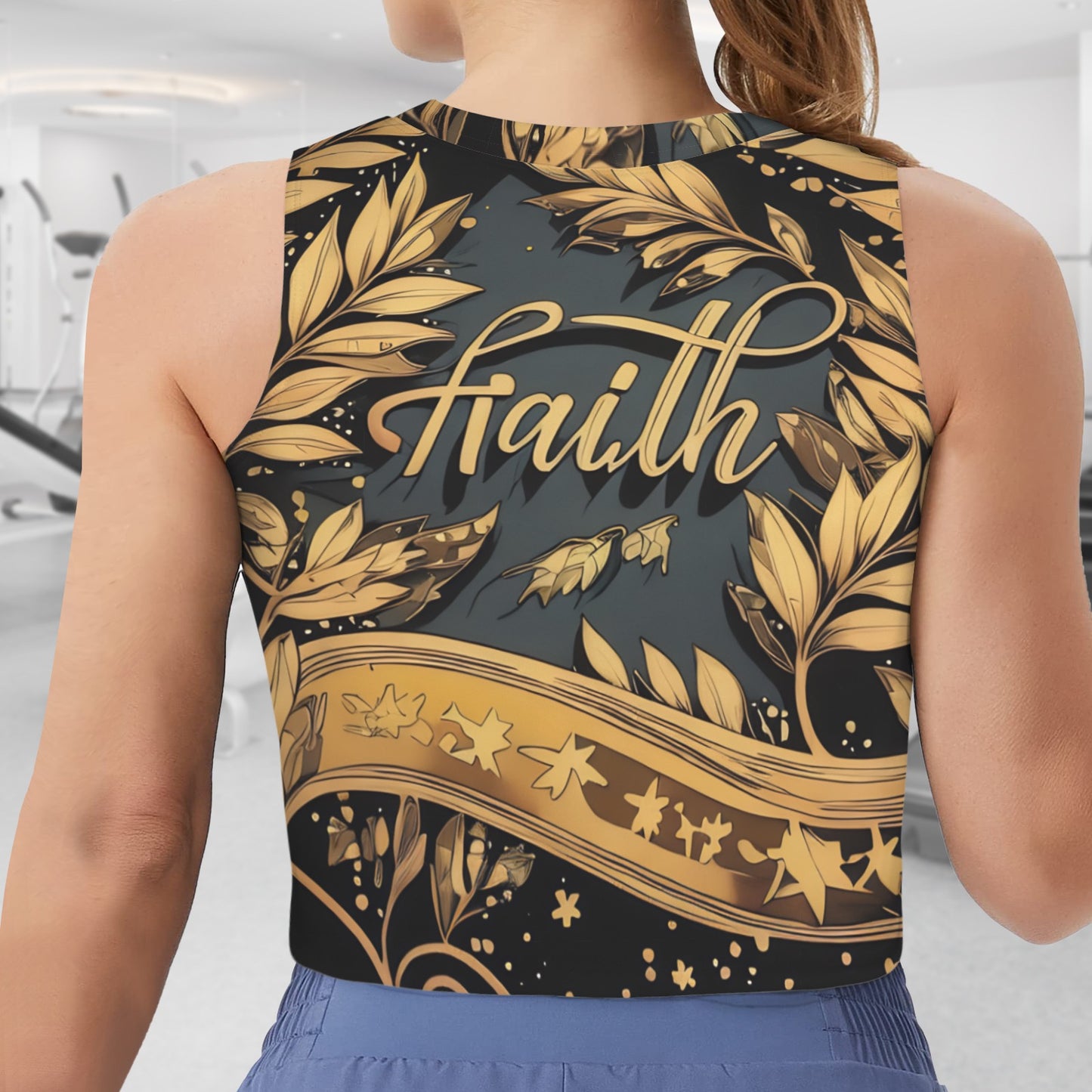 Faith  Black Gold Leaves Sleeveless Crop Sports Tank Tops