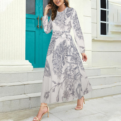 "Faith Ephesians 2:8" Faux Texture Floral Round Neck Long Sleeve Belted Maxi Dress