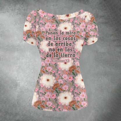 Camisa plisada con mangas abullonadas para mujer con estampado floral rosa y blanco "Colosenses 3:2"