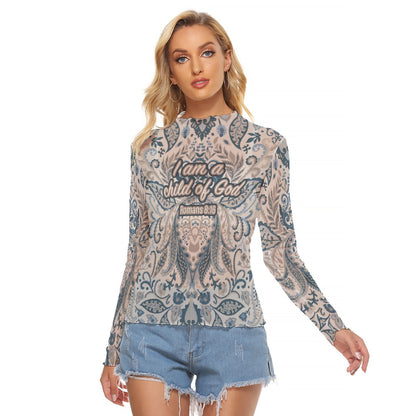 Pink & Blue Paisley Print Women's Mesh T-shirt "I am a child of God"