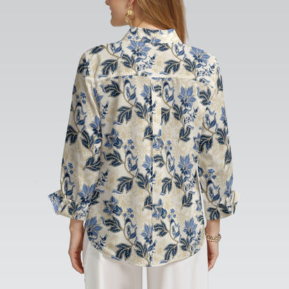 "Repent & Believe" Blue Floral Women's 3/4 Sleeve Button-Down Shirt - Lightweight Polyester Blend