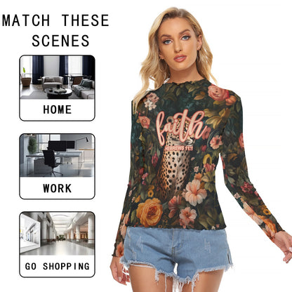 Leopard Floral Print Women's Mesh T-shirt Long Sleeve "Faith Hebrews 11:1"