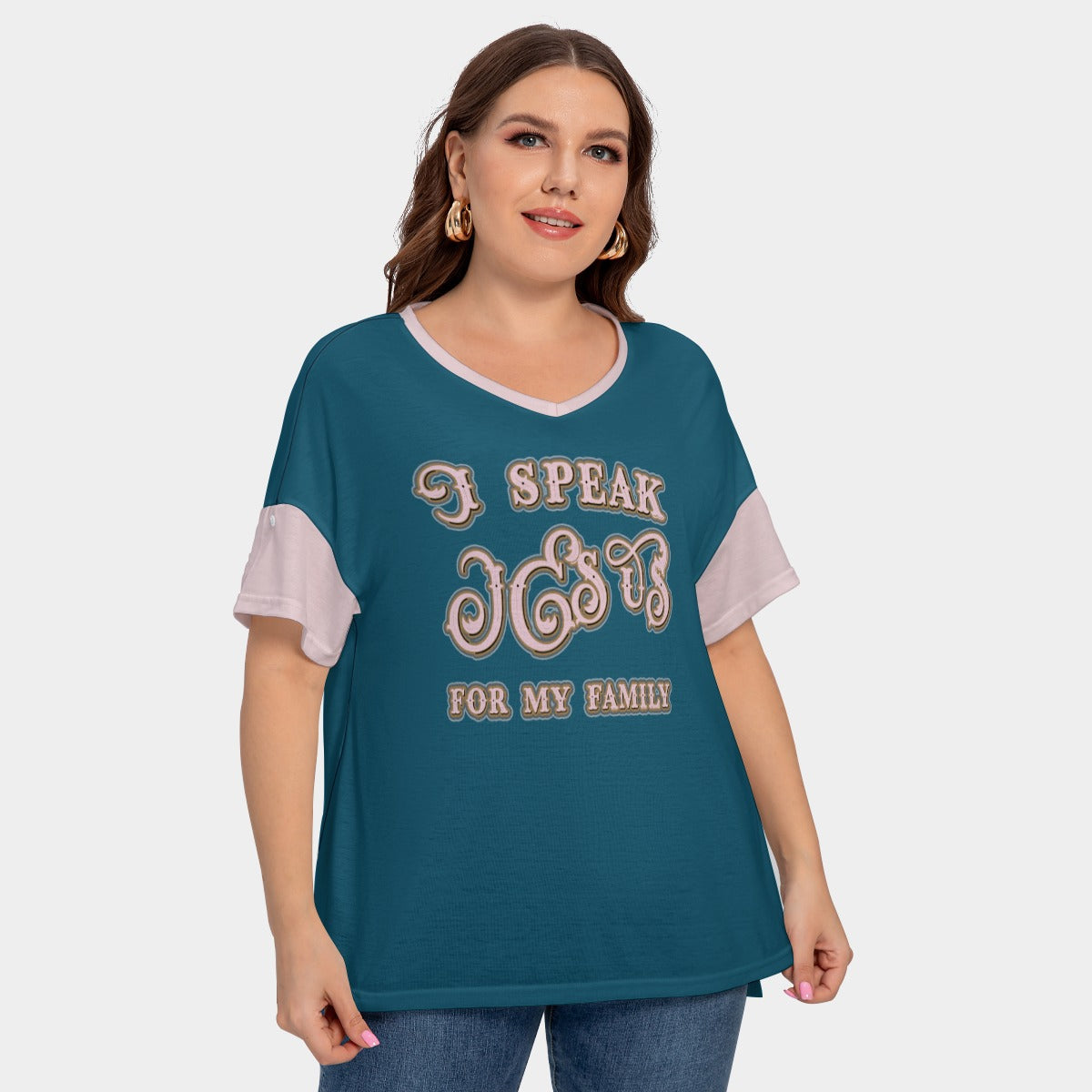 Women's Drop-Shoulder Short Sleeve T-shirt with Sleeve Loops - Plus Size "I Speak Jesus for my Family"