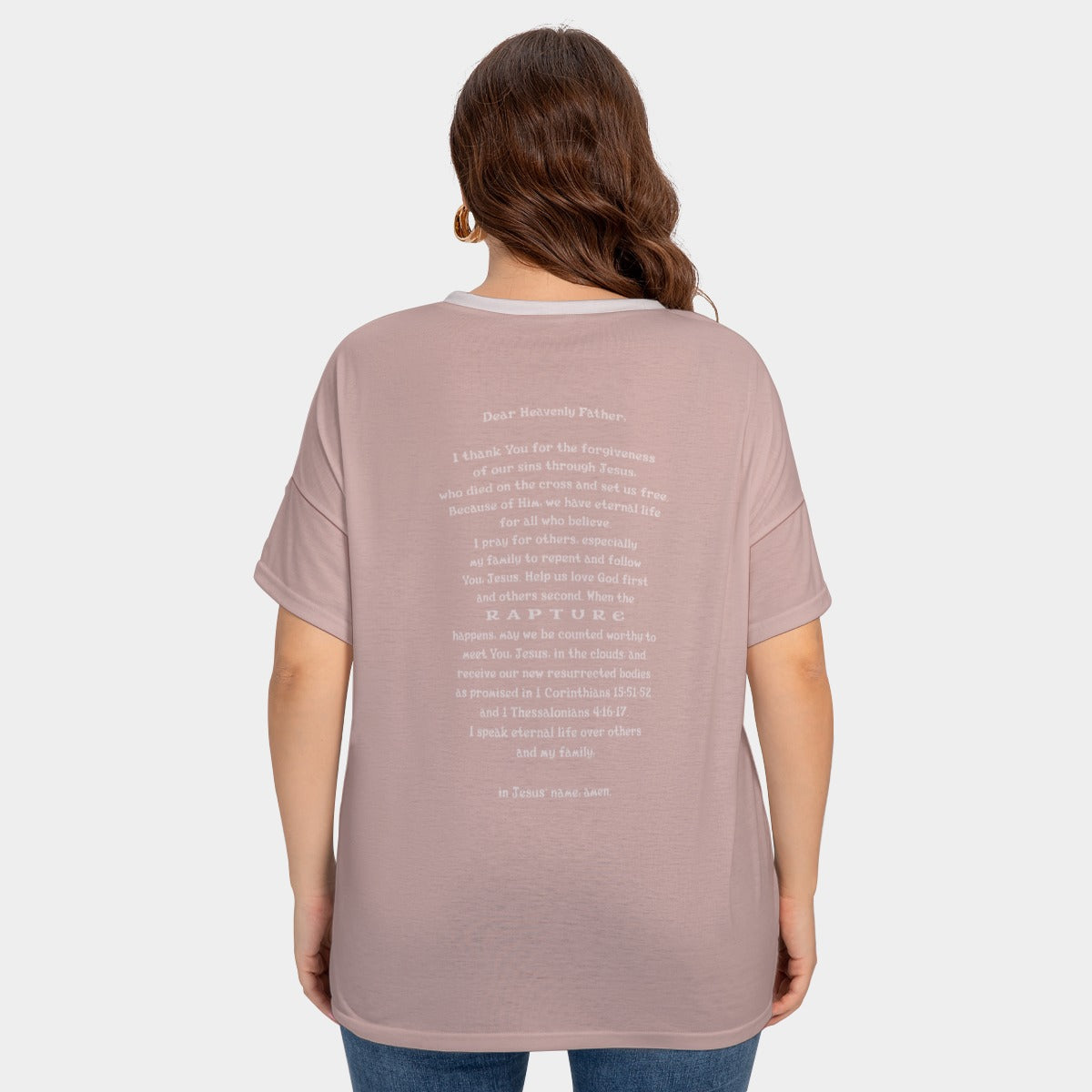 Women's Drop-Shoulder Short Sleeve T-shirt with Sleeve Loops - Plus Size "I Speak Jesus for my Family"