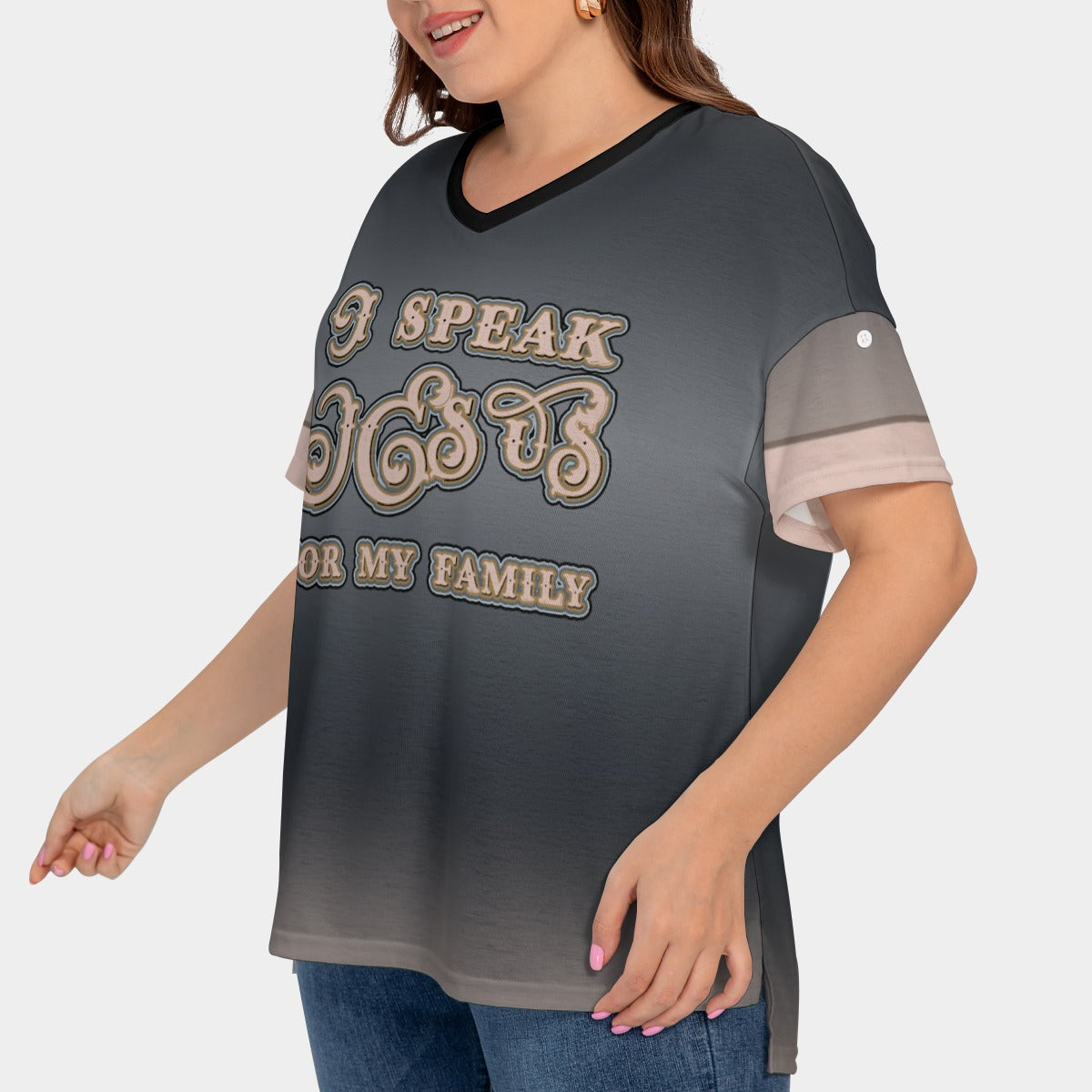 Women's Drop-Shoulder Short Sleeve T-shirt with Sleeve Loops - Plus Size "I Speak Jesus for my Family"