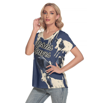 Jesus Saves Blue Cow Print Women's V-Neck Short Sleeve T-Shirt