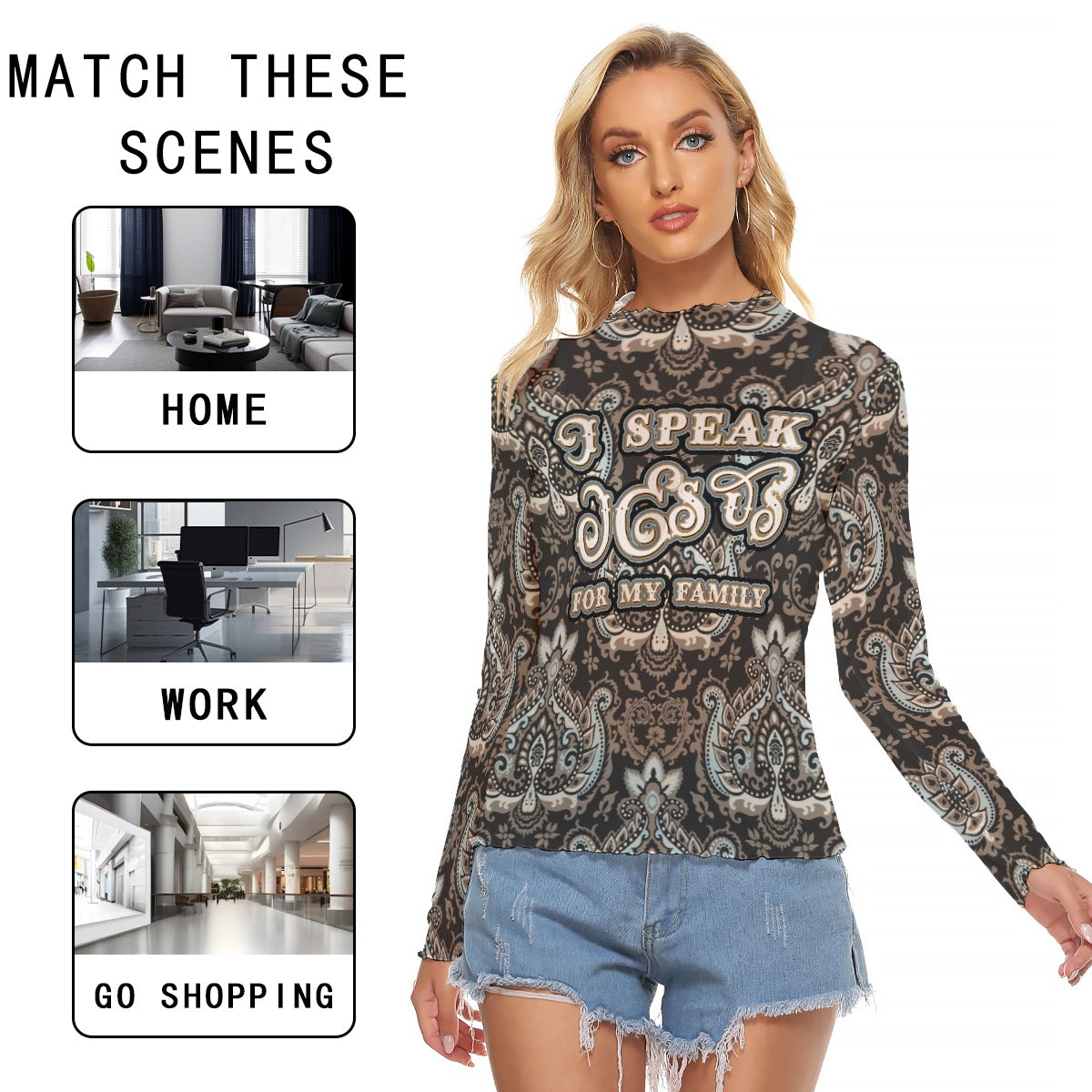 Women's Mesh T-shirt - Long Sleeve Mesh Top-"I Speak Jesus for My Family"