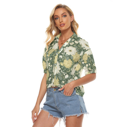 "Blessed Matthew 5:44" Green & White Floral Print Loose V-Neck Women's Shirt with Side Slits and Pockets