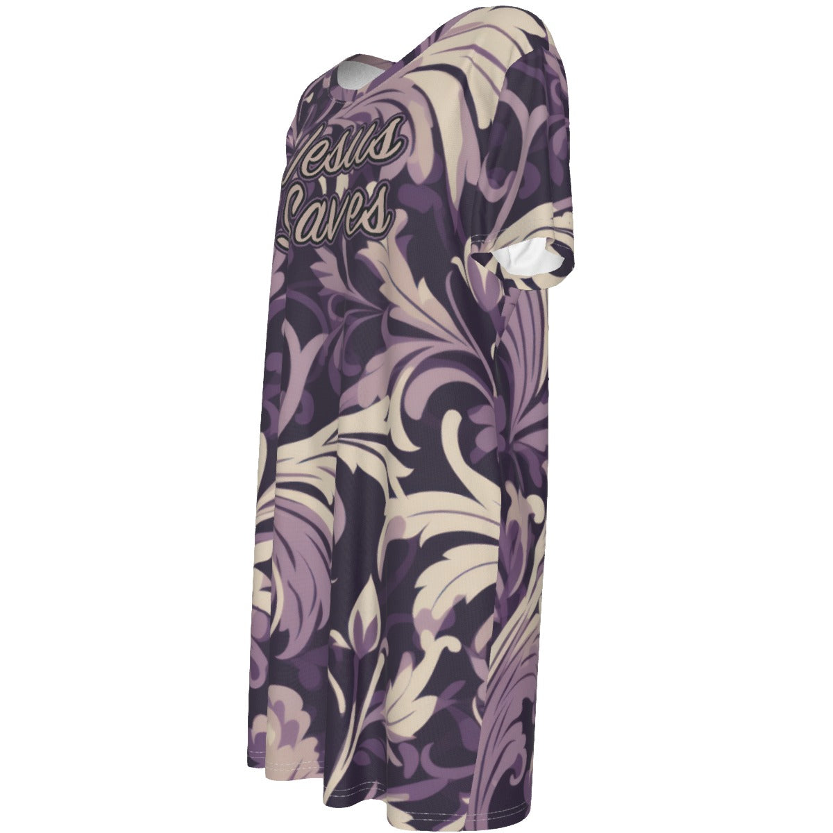 "Jesus Saves" Purple Floral Women's Short Sleeve Jersey Dress, Loose Style for All Seasons Comfort