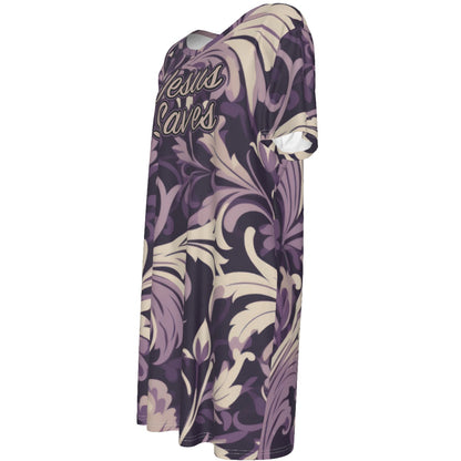 "Jesus Saves" Purple Floral Women's Short Sleeve Jersey Dress, Loose Style for All Seasons Comfort