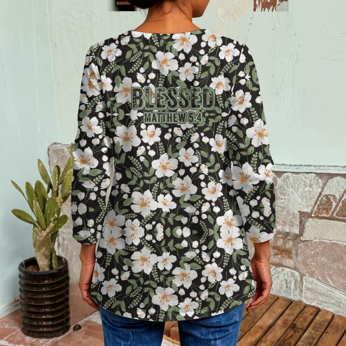 "Blessed Matthew 5:4" Green & White Floral Print Women's Faux Sweater Cardigan