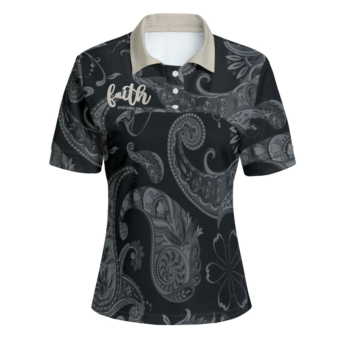 "Faith Ephesians 2:8"  Black Paisley Pattern Women's Casual POLO Shirt