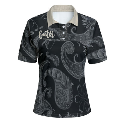 "Faith Ephesians 2:8"  Black Paisley Pattern Women's Casual POLO Shirt