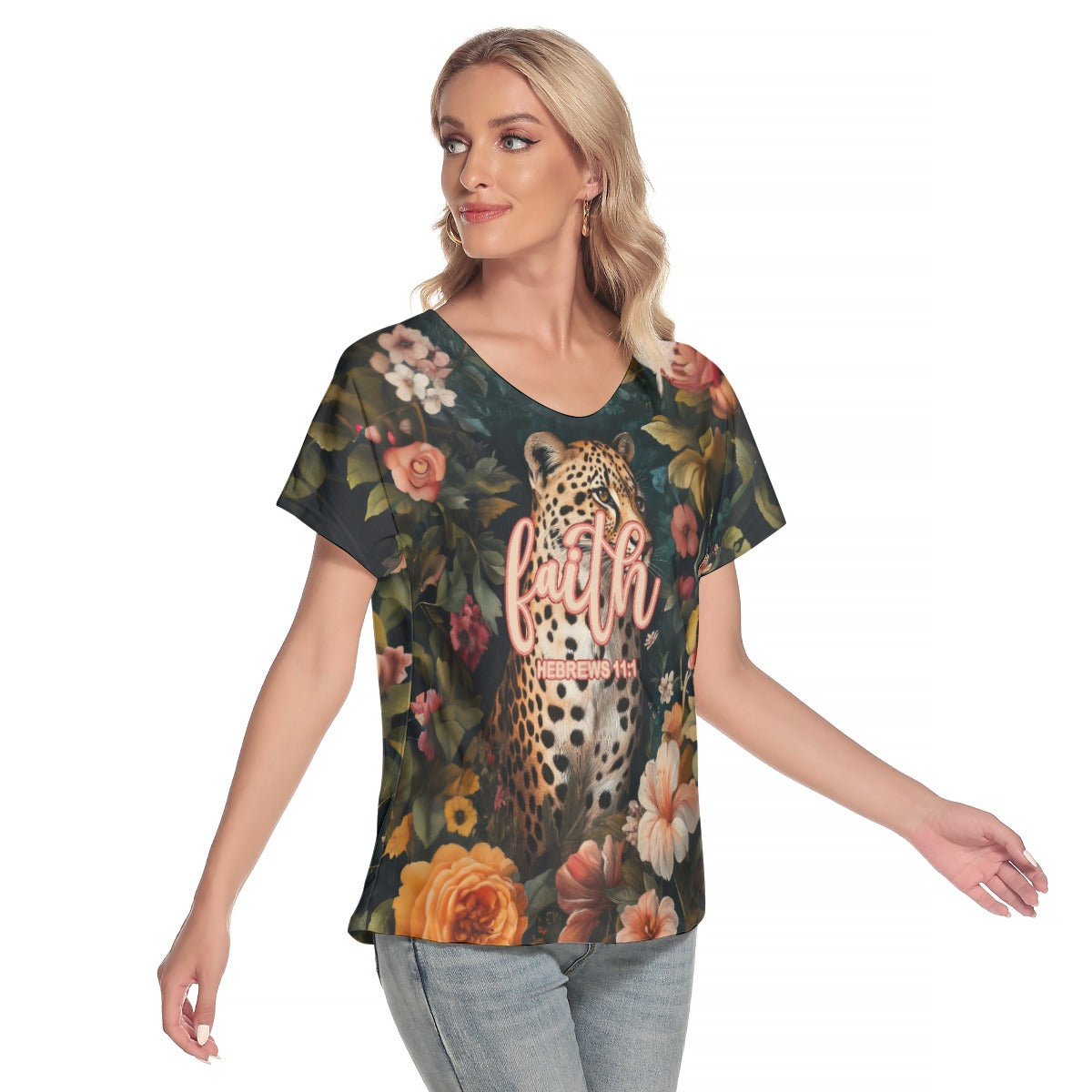 Leopard Floral Print Women's Loose V-neck Short Sleeve T-shirt "Faith Hebrews 11:1"
