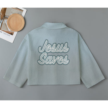 "Jesus Saves" Blue Faux Cotton Leather & Floral Women's Cropped Jacket | 245GSM Cotton