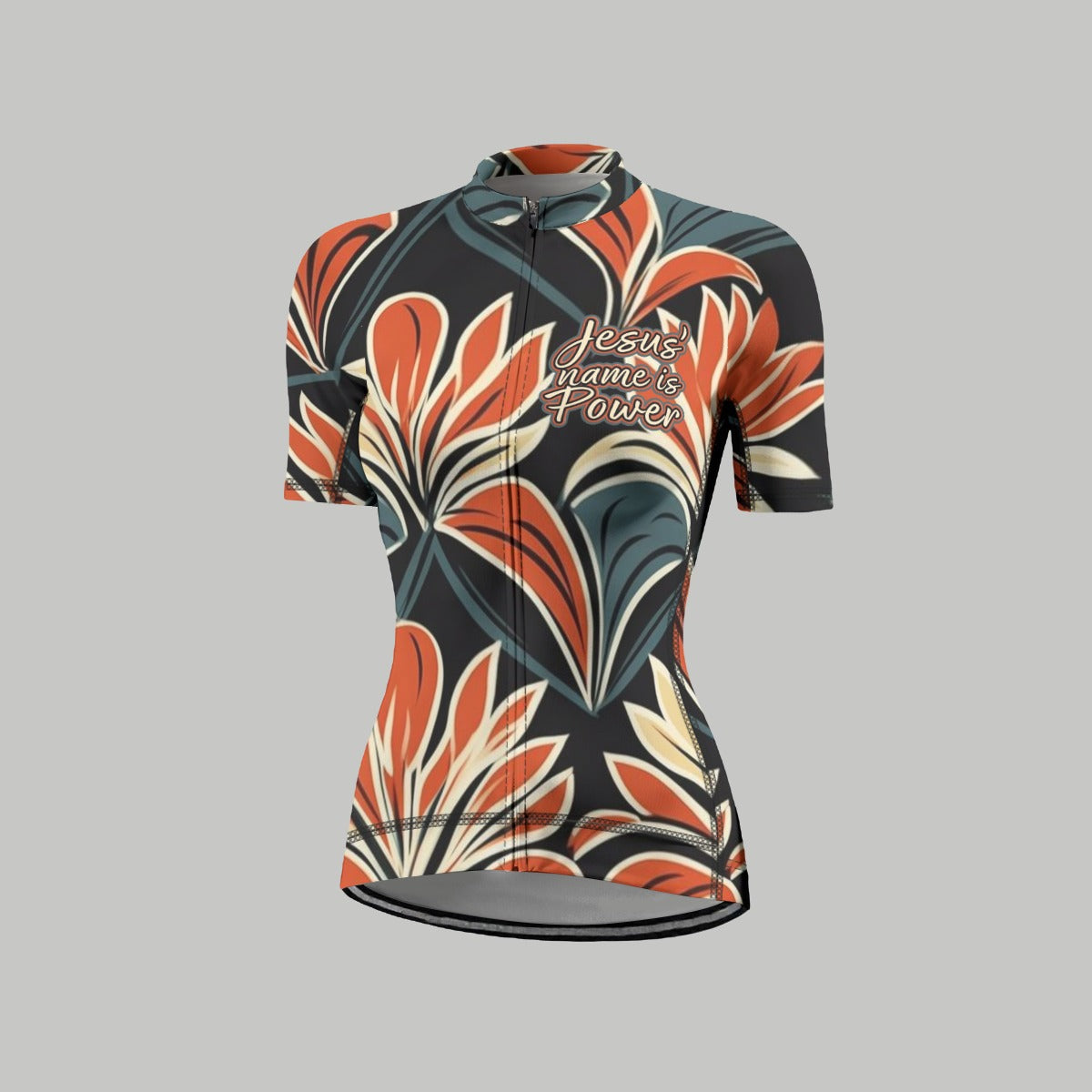 "Jesus' name is power" Red & Blue Floral  Women's Anti-Slip Raglan Cycling Jersey With Short Sleeve