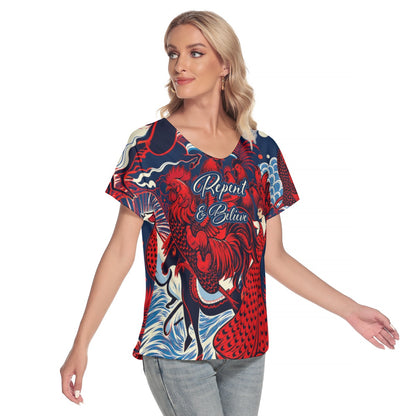 "Repent & Believe" Women's Loose V-neck Short Sleeve T-shirt