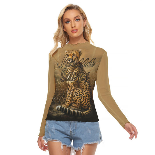"Jesus Saves" Leopard Print Women's Mesh T-Shirt, Long Sleeve & Unique Fit