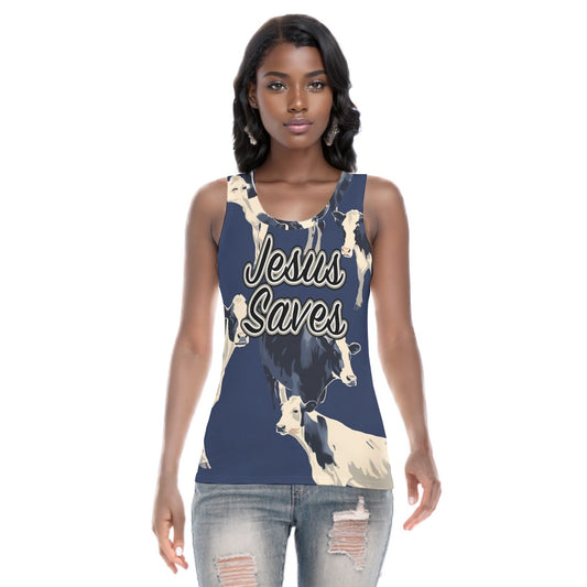 Black & White Cows on Blue Women's Sports Camisole | 210GSM Jesus Saves