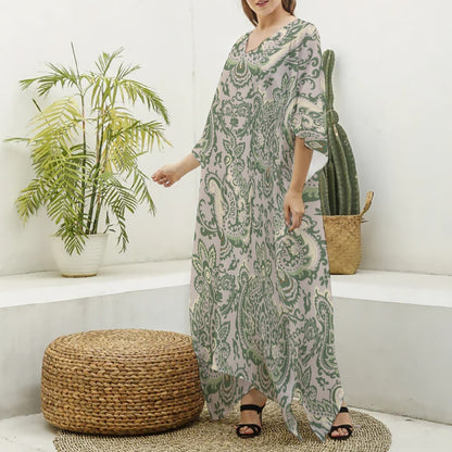 Green & Beige Paisley Women's Imitation Silk V-neck Kaftan Robe "I am a servant of Righteousness"