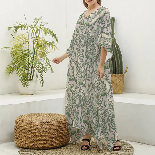 Green & Beige Paisley Women's Imitation Silk V-neck Kaftan Robe "I am a servant of Righteousness"