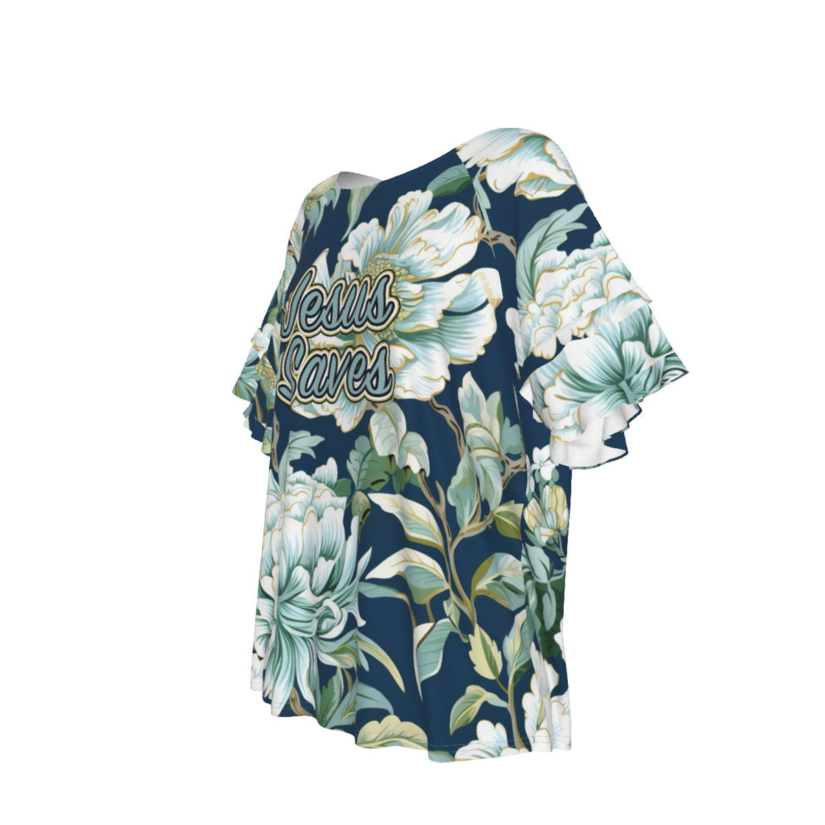 "Jesus Saves" Blue Floral Women's Comfortable Round Neck Raglan Sleeve T-Shirt for Casual Style