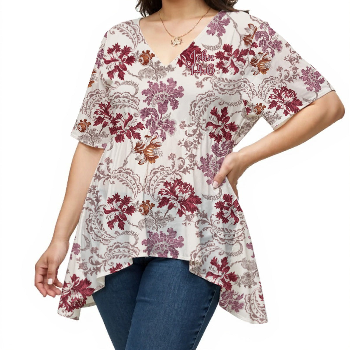 "John 14:6" Red & White  Women's V-Neck Asymmetrical Hem Top