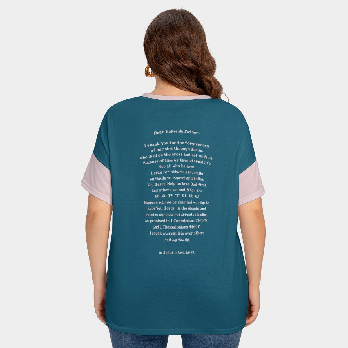Women's Drop-Shoulder Short Sleeve T-shirt with Sleeve Loops - Plus Size "I Speak Jesus for my Family"
