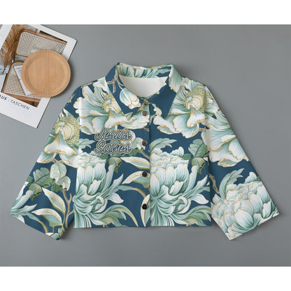 " Jesus Saves" Blue Floral Women's Stylish Cropped Denim-Inspired Cardigan, 100% Cotton, 245GSM | Mid-Sleeves & Pockets