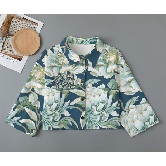 " Jesus Saves" Blue Floral Women's Stylish Cropped Denim-Inspired Cardigan, 100% Cotton, 245GSM | Mid-Sleeves & Pockets
