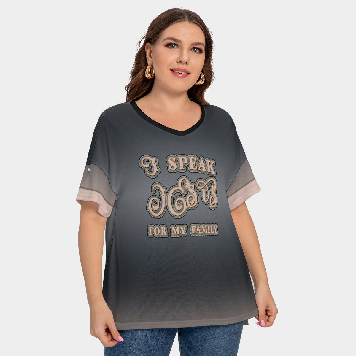 Women's Drop-Shoulder Short Sleeve T-shirt with Sleeve Loops - Plus Size "I Speak Jesus for my Family"