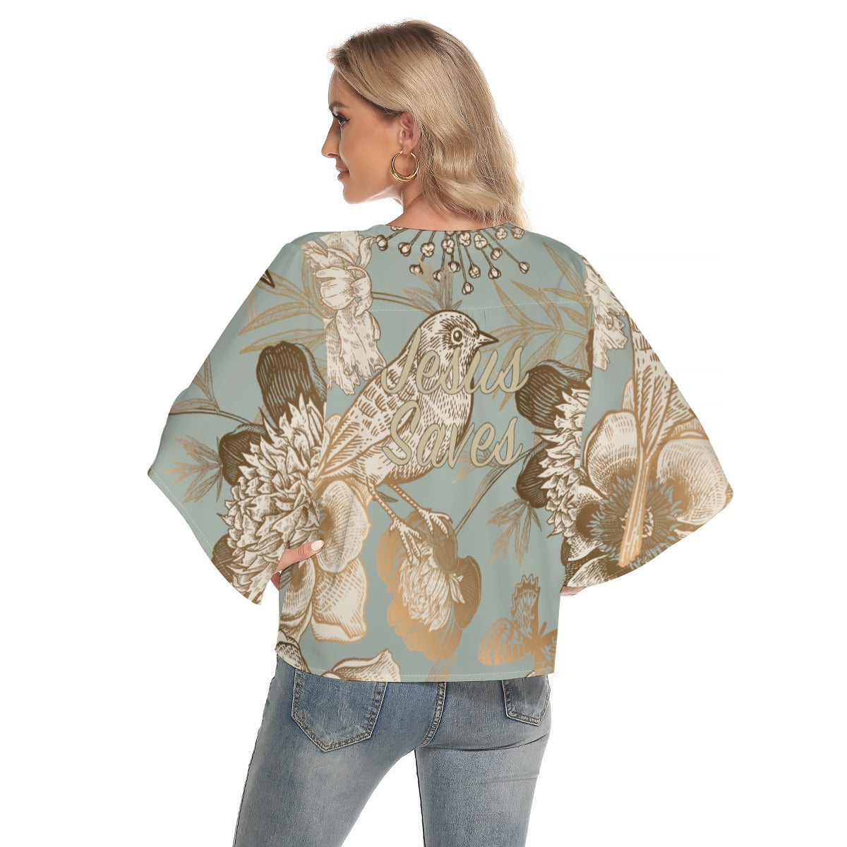 "Jesus Saves" Floral Bird Print Women's Bat Sleeve V-neck Buttoned Top