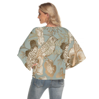 "Jesus Saves" Floral Bird Print Women's Bat Sleeve V-neck Buttoned Top