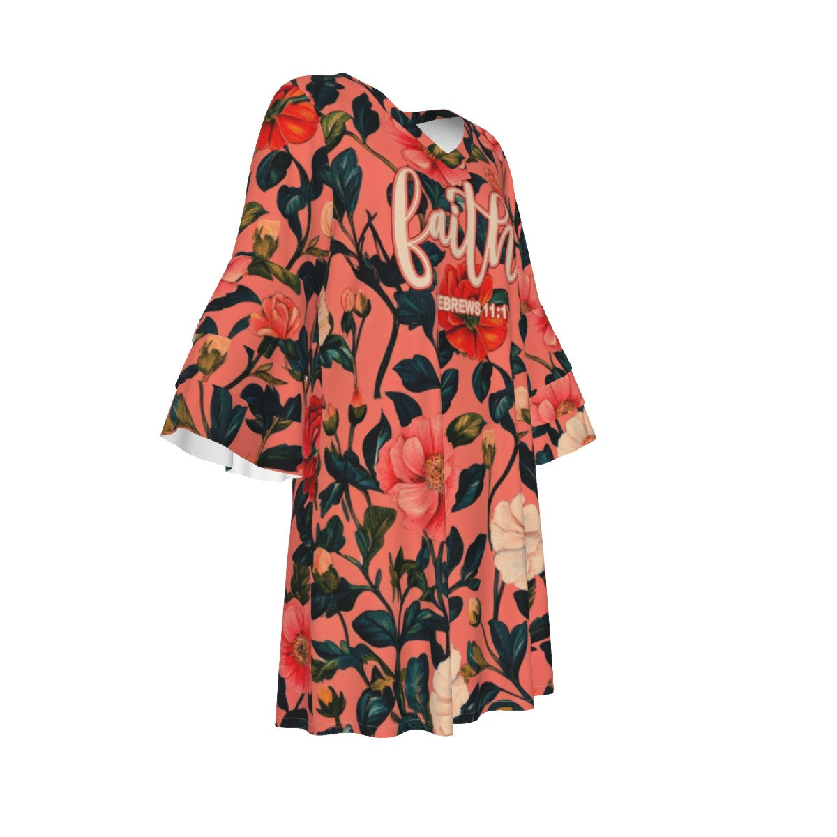 "Faith Hebrews 11:1" Pink Floral Women's Stacked Ruffle Sleeve Dress