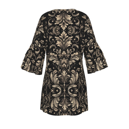 "Jesus Saves" Black & Gold Damask Women's Stacked Ruffle Sleeve Dress