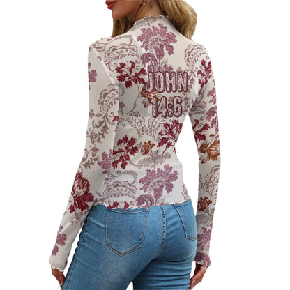 "John 14:6" Red & White Floral Print Mesh Long Sleeve T-Shirt for Women