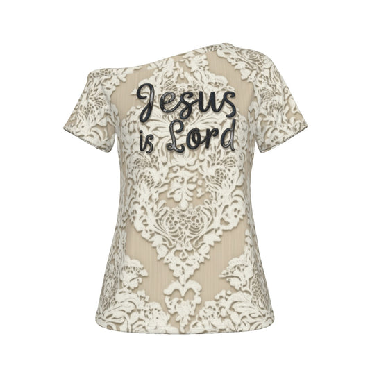 "Jesus is Lord" Faux  Lace Women's Off-Shoulder Comfortable Jersey T-shirt, Showcasing Style & Versatility