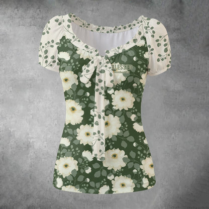 "Blessed Matthew 5:8" Green Floral Print Women's Puff Sleeve Pleated Shirt