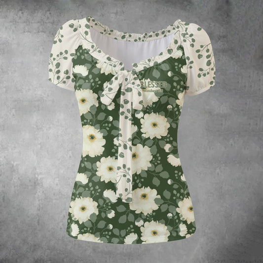 "Blessed Matthew 5:8" Green Floral Print Women's Puff Sleeve Pleated Shirt