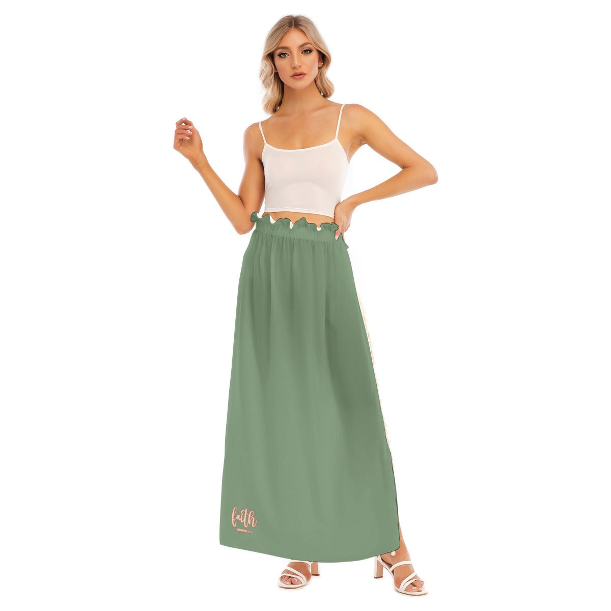 Green Women's High Waist A-Line Skirt with Side Split and Fringed Edge "Faith Hebrews 11:1"