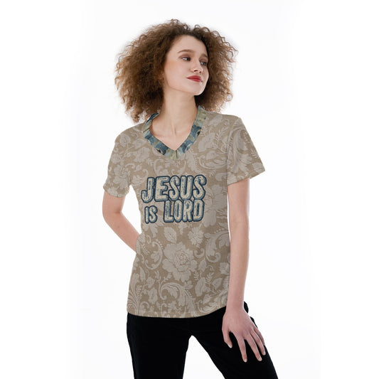 "Jesus is Lord" Beige Floral Pattern with Blue & Beige Damask Pattern Collar All-Over Print V-neck Women's T-shirt