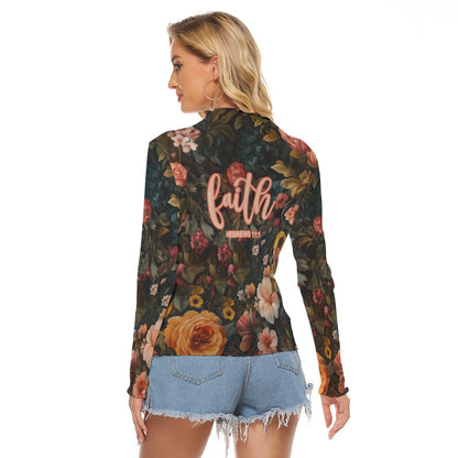 Leopard Floral Print Women's Mesh T-shirt Long Sleeve "Faith Hebrews 11:1"
