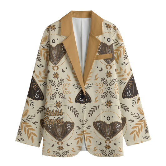 "Jesus Saves ask me how" Beige & Brown Moth Pattern Women's Leisure Blazer